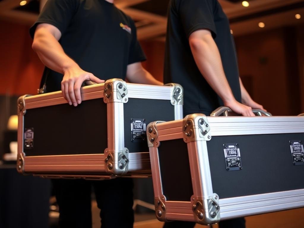 Helping Hands von Staff Rent tragen beim Aufbau Flightcases durch eine Veranstaltungshalle