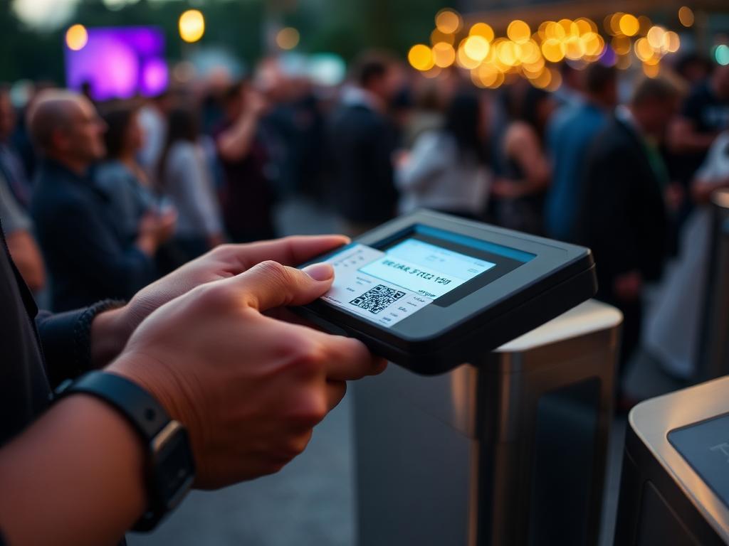 Einlasskraft scannt am Zugang einer Veranstaltung den QR-Code eines Tickets, im Hintergrund wartende Gäste