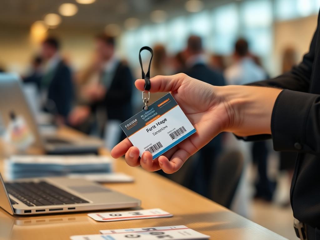 Hände eines Hosts reichen am Registrierungscounter eines Kongresses ein Namensschild mit Lanyard über den Tresen