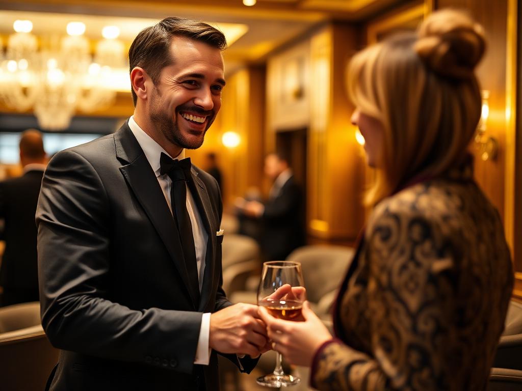 Host im dunklen Anzug betreut einen Gast in einer VIP-Lounge bei warmem Abendlicht
