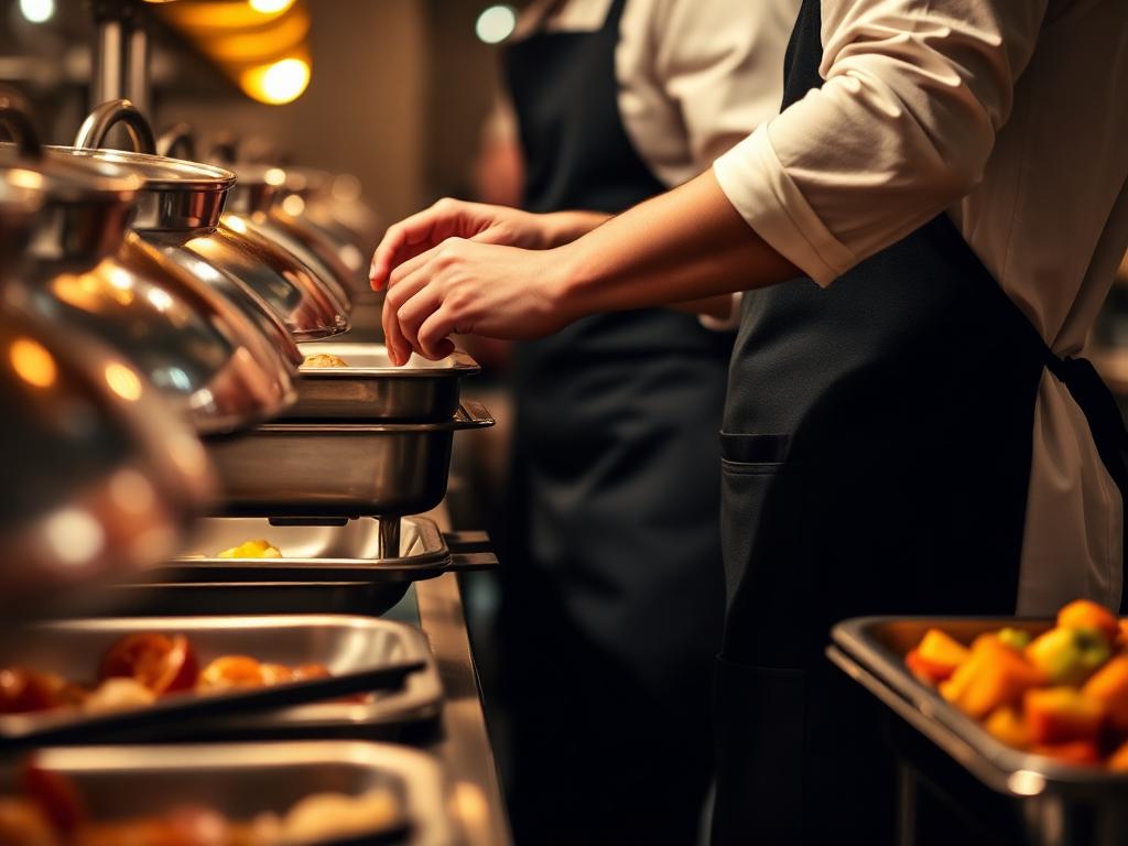 Küchenhilfe in schwarzer Schürze füllt am laufenden Restaurant-Buffet einen Chafing-Dish nach