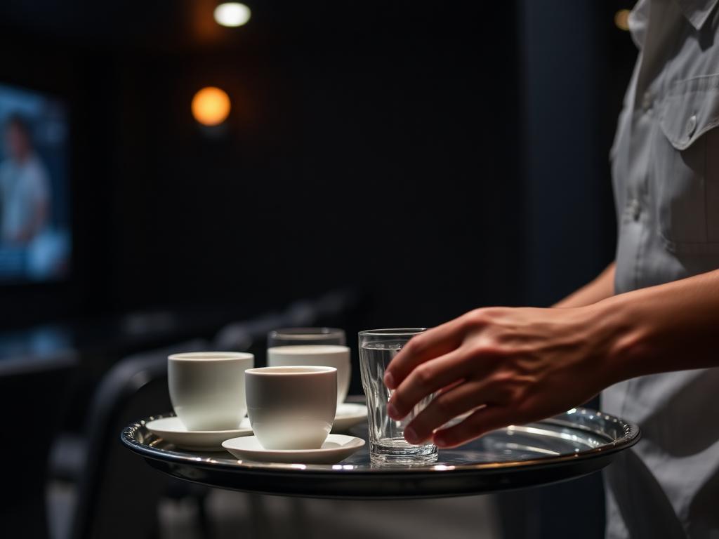 Hände einer Servicekraft richten Kaffeetassen und Wassergläser auf einem Tablett im Presseraum
